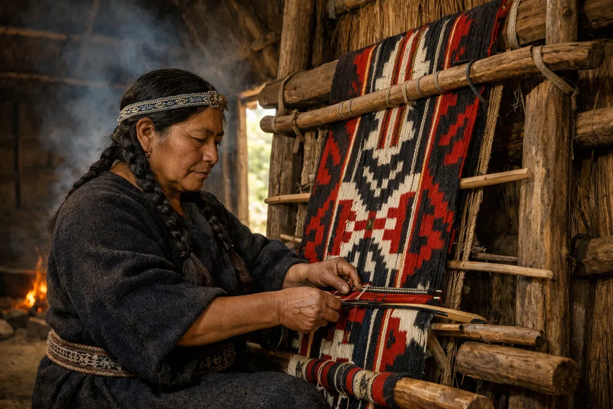 A Mapuche woman weaving on a witral loom