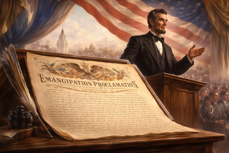 Abraham Lincoln speaking at a lectern beside the Emancipation Proclamation
