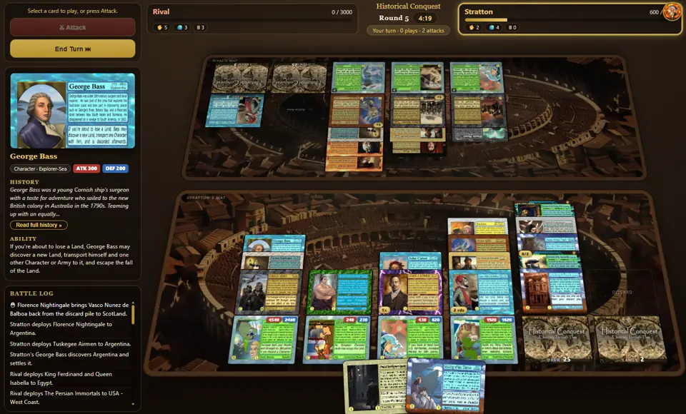 A Historical Conquest Digital game in play: history cards laid out on the table