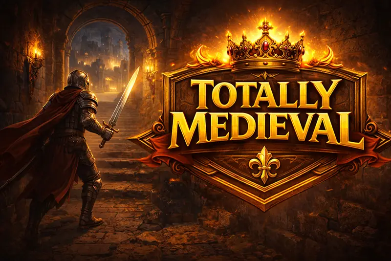 Totally Medieval title art: a knight with a sword in a torch-lit castle